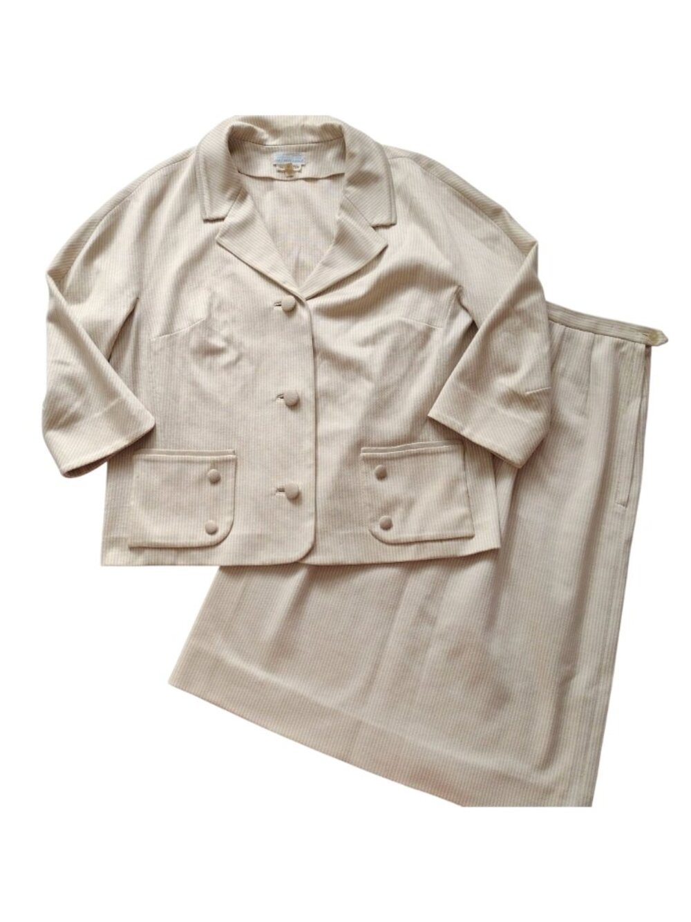 Vintage Mid Century Womens Skirt Suit M L Beige Tonal Stripe 1960s Jackie O - Picture 16 of 16